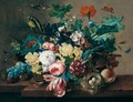 Still Life Of Roses, Tulips, Popies, Morning Glory And Hollyhocks In A Wicker Basket, With Grapes, Medlars, A Peach And A Bird's Nest, Arranged Upon A Stone Ledge, Together With A Green Finch And Butterflies - Franz Xaver Petter