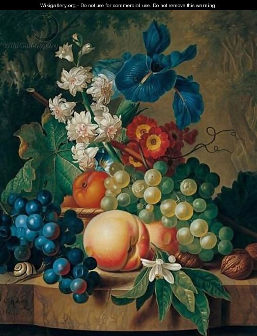 Still Life Of Grapes, Peaches, Walnuts, Irises, And Other Flowers On A Stone Ledge - Johan Christiaan Roedig