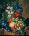 Still Life Of Grapes, Peaches, Walnuts, Irises, And Other Flowers On A Stone Ledge - Johan Christiaan Roedig
