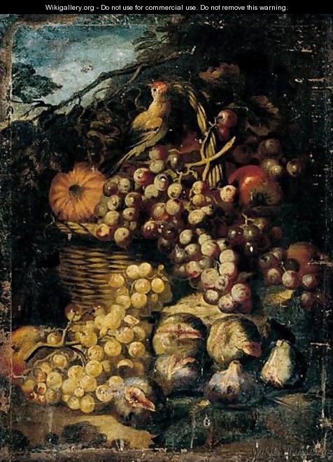 Still Life Of Red Grapes, A Melon And Apples In A Wicker Basket, With Figs And White Grapes, Together With A Song Bird, In A Landscape Setting - (after) Abraham Brueghel