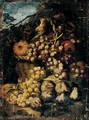 Still Life Of Red Grapes, A Melon And Apples In A Wicker Basket, With Figs And White Grapes, Together With A Song Bird, In A Landscape Setting - (after) Abraham Brueghel