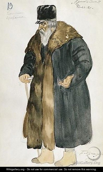 Costume Design For Ilya, An Old Peasant Man With Walking Stick - Boris Kustodiev