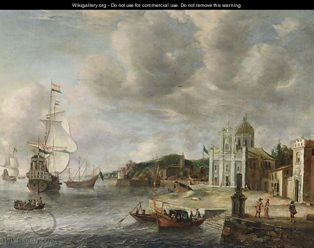 An Italianate Harbour Scene With Dutch Men-O