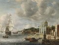 An Italianate Harbour Scene With Dutch Men-O'-War Moored, Yaughts And Rowing Boats Near The Quay, Figures Walking On A Square Near A Church - (after) Jan Abrahamsz. Beerstraten