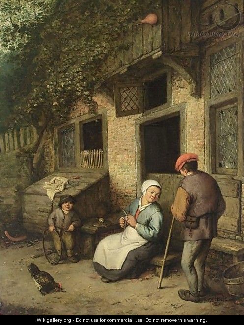 A Man And A Woman Conversing Outside A House, A Boy Playing With A Hoop Nearby - (after) Adriaen Jansz. Van Ostade