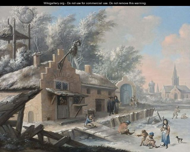 A Winter Landscape With Figures Playing On The Ice And People Skating - (after) Bernardus Van Scheyndel