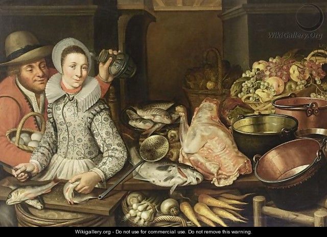 A Kitchen Still Life With Grapes And Apples In A Basket, With Artichokes In A Basket, Fish On A Plate, Copper Pots And Pans, A Piece Of Meat, Fish, Carrots, Turnips And Onions In A Basket, With A Woman Scaling Fish And A Man Holding A Jug And A Basket - (after) Floris Gerritsz. Van Schooten