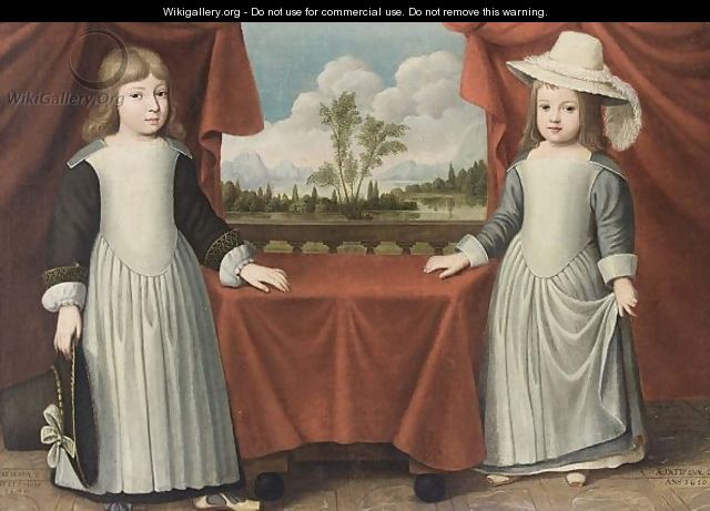 A Portrait Of A Boy, Aged 3, Standing Full-Length, Wearing A White Costume With Black Sleeves And Holding A Hat In His Right Hand, Together With A Girl, Aged 2, Standing Full-Length, Wearing A White Dress With Blue Sleeves And A Hat With Feathers - French School