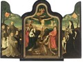 A Triptych Central Panel The Crucifixion, Left Wing Saint Francis With Male Donors, Right Wing Saint Barbara With Female Donors - Jacob Cornelisz Van Oostsanen