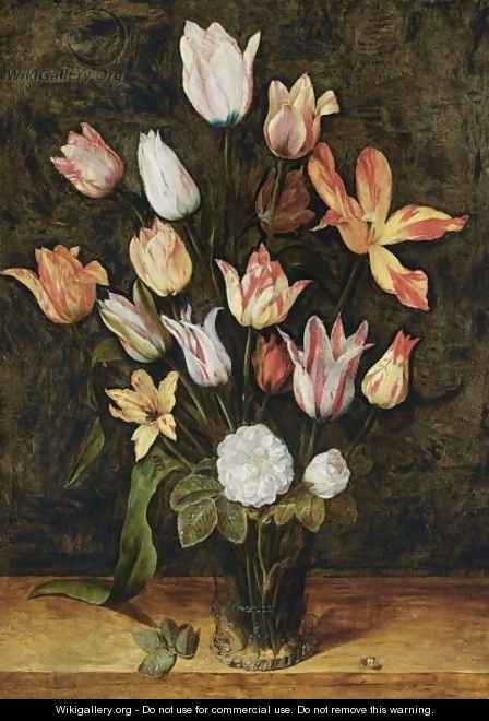 A Still Life With Fifteen Tulips And Two White Roses With A Fly On A Leave In A Glass Beaker, All On A Wooden Ledge Together With A Ladybird - Isaak Soreau