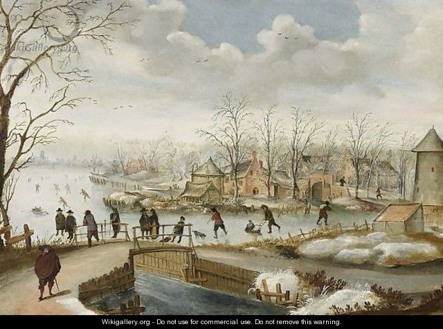 A Winter Landscape With Skaters On A Frozen River Near A Village And Figures On A Bridge - (after) Antoni Verstralen (van Stralen)