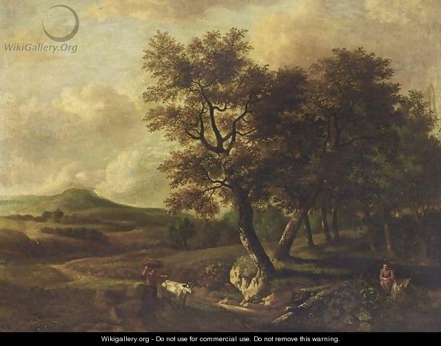 A Wooded Landscape With A Man And His Cow Carrying Wood On A Path, Another Man Resting On A Tree Trunk In The Lower Foreground - (after) Jan Wijnants