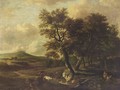 A Wooded Landscape With A Man And His Cow Carrying Wood On A Path, Another Man Resting On A Tree Trunk In The Lower Foreground - (after) Jan Wijnants