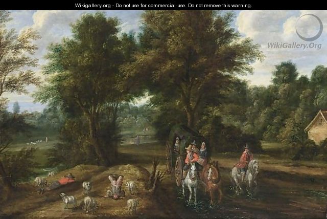 A Wooded Landscape With Travellers In A Horse-Drawn Carriage With A Horseman And Shepherds With Their Sheep Resting - (after) Pieter Bout
