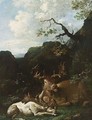 An Elk, An Albino Stag And A Deer Resting Under A Tree In A Mountainous Wooded Landscape Near A Waterfall - (after) Carl Borromaus Andreas Ruthart