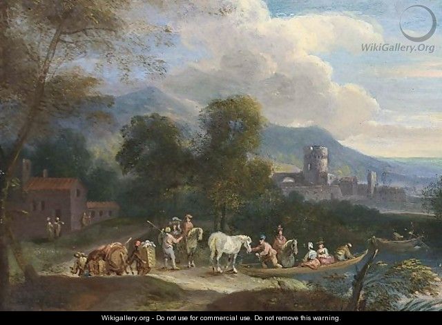 A River Landscape With Figures And Horses In A Ferry - Flemish School