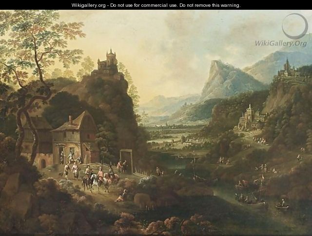 A Rhenish Mountainous River Landscape With Horsemen And Travellers Near An Inn, Fishing Boats On The River, And A Castle On A Hill Top And Other Castles And Villages Beyond - (after) Griffier, Jan the Elder