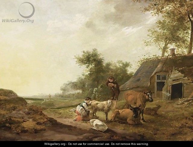 A Landscape With A Maid Milking A Sheep, A Shepherd Watching With Sheep And Cows, A Farm Nearby - Hendrik Mommers