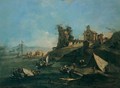 A Coastal Capriccio With Fishing Boats At Anchor In A Bay Before A Headland With A Ruined Tower, A Mountain Range Beyond - Francesco Guardi