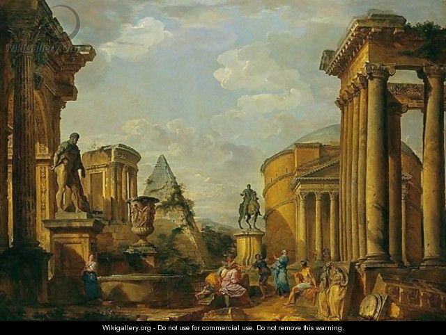 A Capriccio Of Roman Monuments With Saint Peter Preaching - Giovanni Paolo Panini