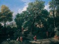 An Arcadian Landscape With Figures Bathing By A Pool, A Classical Temple Beyond - Jan Frans van Orizzonte (see Bloemen)