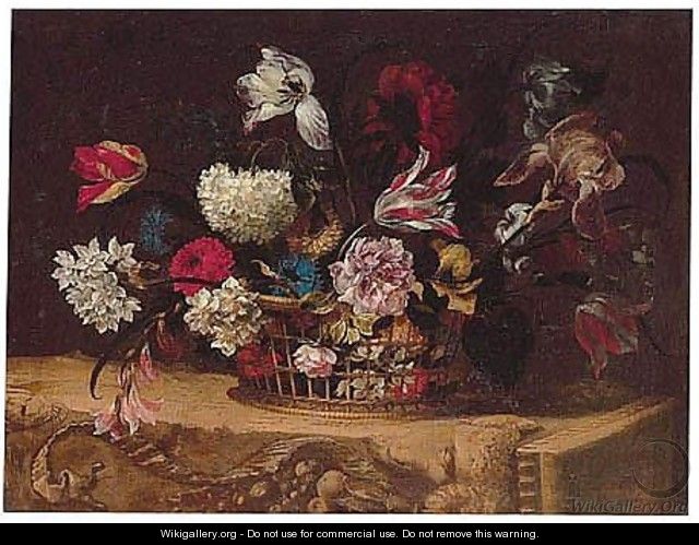 Still Life Of Summer Flowers In A Wicker Basket Upon A Stone Frieze - Nicolas Baudesson