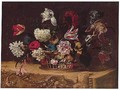 Still Life Of Summer Flowers In A Wicker Basket Upon A Stone Frieze - Nicolas Baudesson