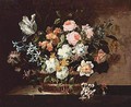 Still Life Of Tulips, Roses, Hyacinths And Other Flowers In A Wicker Basket Set On A Stone Table - (after) Jean-Baptiste Monnoyer