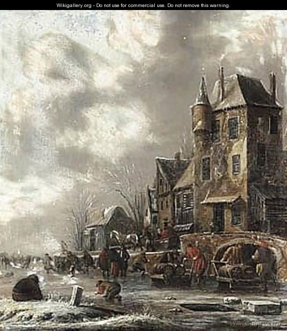 A Winter Scene With Figures Skating On A Frozen River Before Houses - Thomas Heeremans