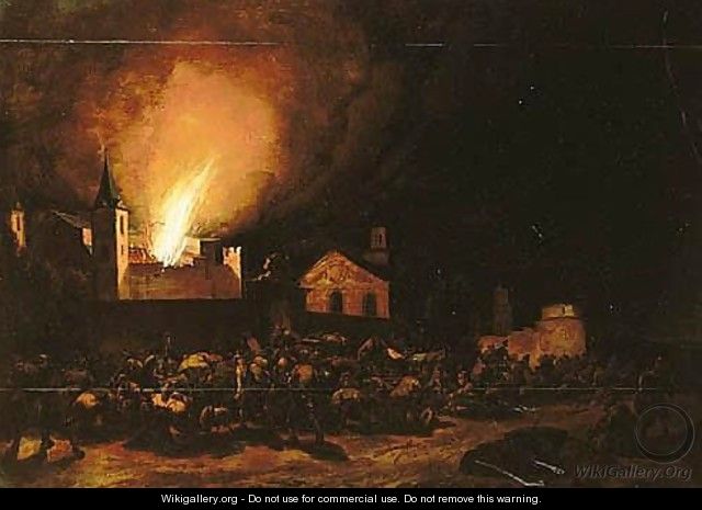 An Inferno In A Town At Night, With Townspeople Fleeing - Pieter Van Der Leeuw