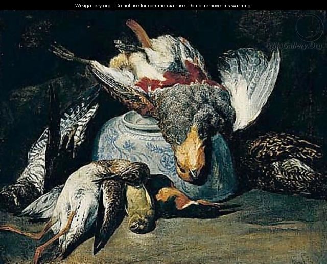 Still Life Of A Partridge, Hawk, Snipe, Goldfinch And Kingfisher, Together With An Upturned Blue And White Porcelain Bowl - Peeter Boel