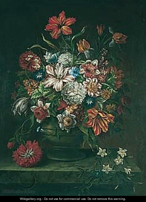 Still Life Of Peonies, Variegated Tulips, Irises And Other Flowers, In A Stoneware Vase Resting On A Marble Table-Top - Flemish School