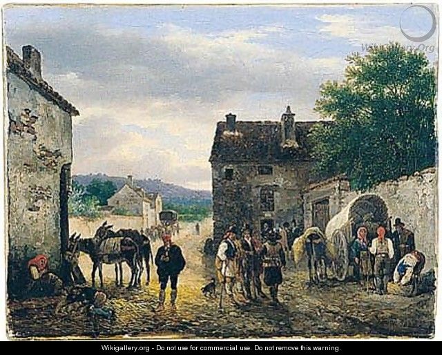 Village Scene With Figures And Donkeys Before A House - Guiseppe Canella