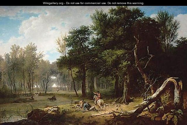 Wooded Landscape With Huntsmen Resting In A Glade Beside A Pond - Jean-Francois Hue