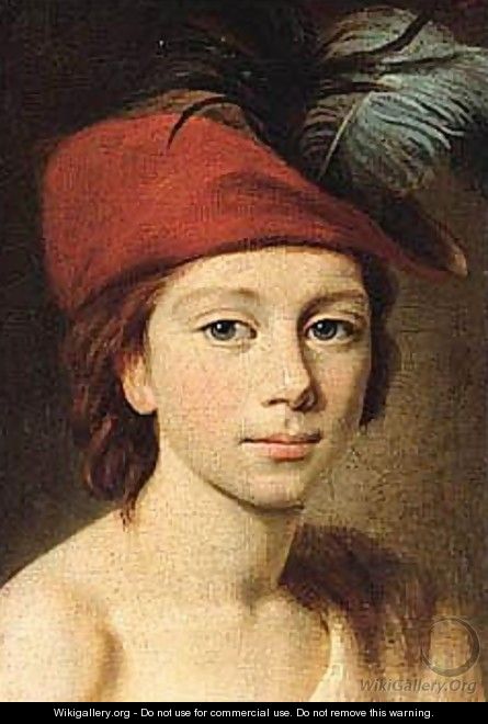 Portrait Of A Young Boy, Head And Shoulders, Wearing A Red Plumed Cap - (after) Elisabeth Vigee-Lebrun