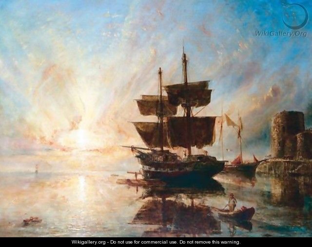 Ship In Harbour At Sunset - William Joseph Caesar Julius Bond