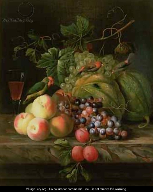 Still life of fruit on a ledge with Parakeets - (after) Boggi, Giovanni