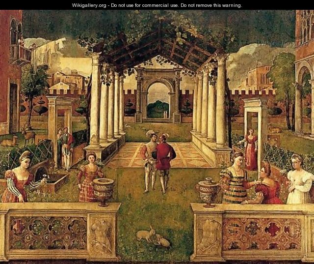 An Architectural Capriccio With Elegant Figures And Animals Promenading In An Ornamental Garden - (after) Bonifacio Veronese (Pitati)