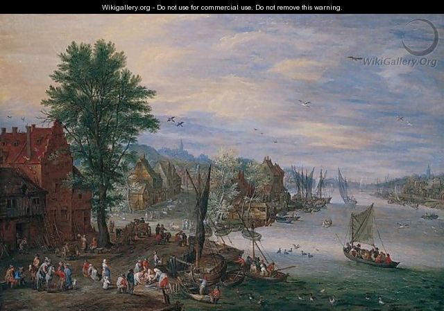 A Village Scene With Boats And Fishermen By A River - Pieter Gysels