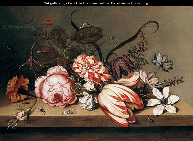 A Still Life Of A Rose, Tulip, Marigold, Columbine And Anemone, With Caterpillars And Flies On A Table Top - Ambrosius The Younger Bosschaert