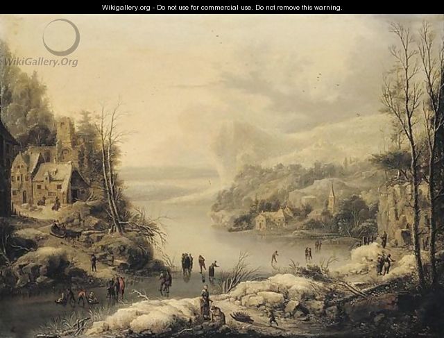 A Frozen Lake In A Mountainous Landscape With Numerous Figures Skating Near A Village - Johann Christian Vollerdt or Vollaert