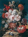 Still Life Of Roses, Narcissi, Carnations, Morning Glory And Orange Blossom, In A Sculpted Urn, Within A Landscape Setting - Caspar Pieter II Verbrugghen