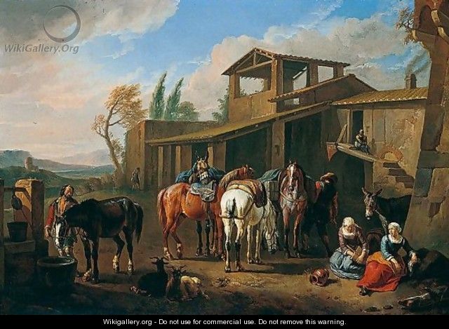 A Southern Landscape With Riders Watering Their Horses By A Farm - Pieter van Bloemen