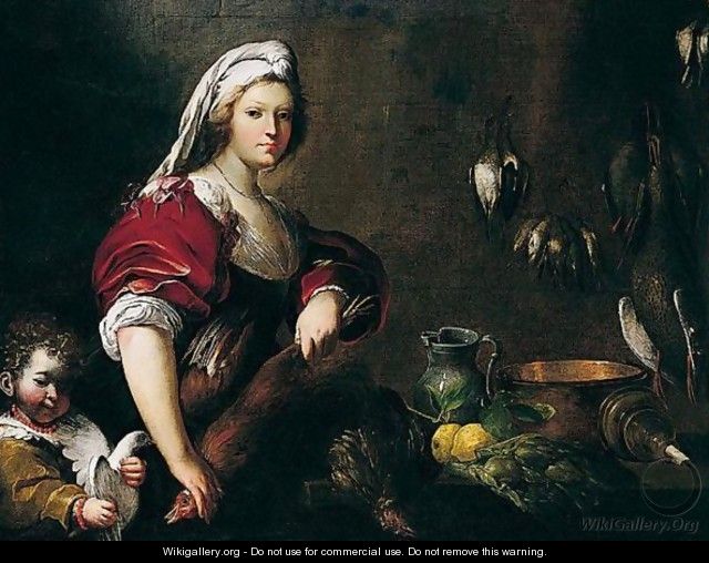 A Maidservant With A Boy In A Larder, A Still Life Of Artichokes, Lemons And Other Kitchen Equipment On A Table Beside Them - Pietro Ricchi
