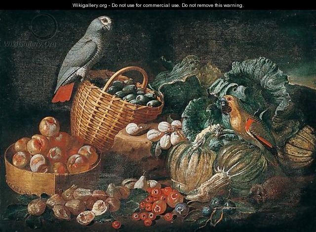 Still Life With Parrots, Pumpkins, Tomatoes, Figs, Peaches And Plums In Baskets - Jacob van der (Giacomo da Castello) Kerckhoven