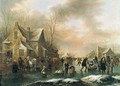 Winter Landscape With Numerous Figures Upon A Frozen Canal In A Village - Claes Molenaar (see Molenaer)