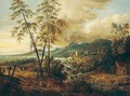 A River Landscape With A Waterfall, Figures Conversing In The Foreground - Lucas Van Uden
