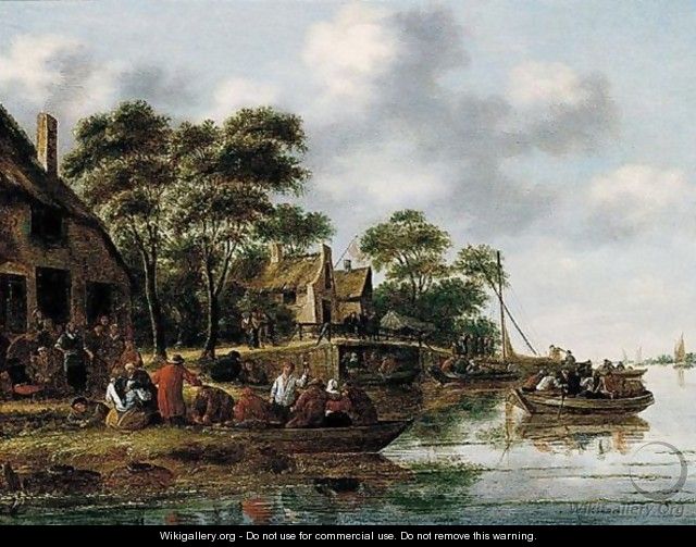 River Scene With Figures In Ferries, Others Gathered Before A Tavern - Thomas Heeremans