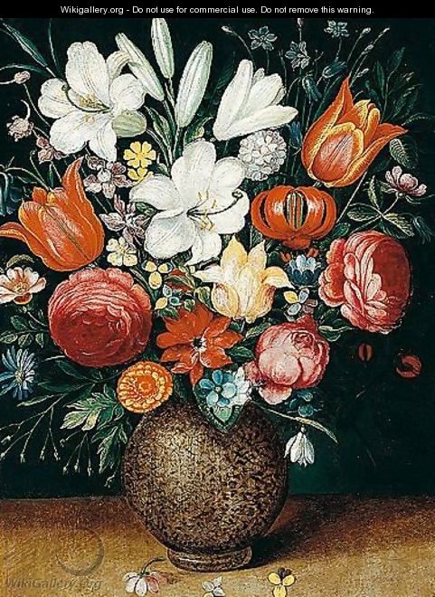 Still Life Of Flowers, Including Tulips, Lilies, An Iris, Marigold, And A Snowdrop In A Stoneware Vase - (after) Osias, The Elder Beert