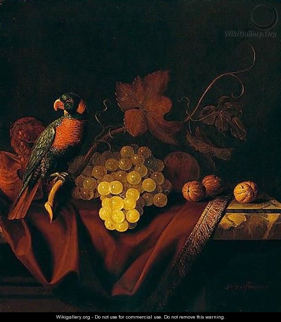 A Still Life Of Grapes And Walnuts With A Parrot On A Marble Ledge, Draped With A Fringed Cloth - Pieter Gerritsz. van Roestraeten